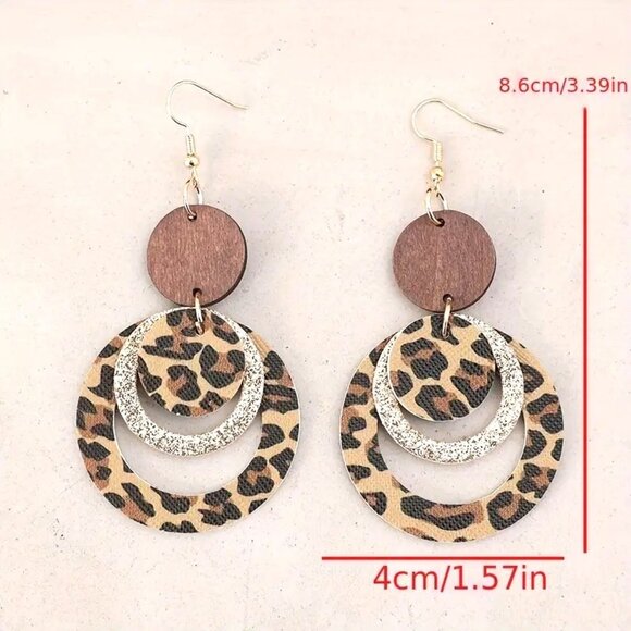 Bohemian Leopard Print Dangle Earrings With Wooden & Glitter Accents - Picture 3 of 3
